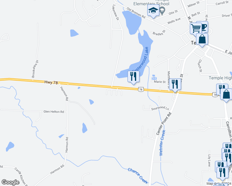 map of restaurants, bars, coffee shops, grocery stores, and more near 205 Randa Run in Temple