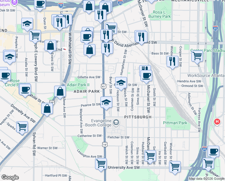 map of restaurants, bars, coffee shops, grocery stores, and more near 872 Beryl Street Southwest in Atlanta