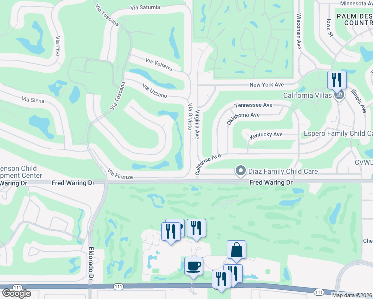 map of restaurants, bars, coffee shops, grocery stores, and more near 43677 Via Orvieto in Indian Wells