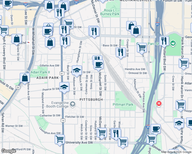 map of restaurants, bars, coffee shops, grocery stores, and more near 868 Hubbard Street Southwest in Atlanta