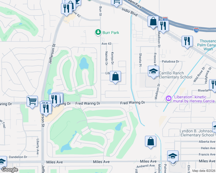 map of restaurants, bars, coffee shops, grocery stores, and more near 80601 Declaration Avenue in Indio