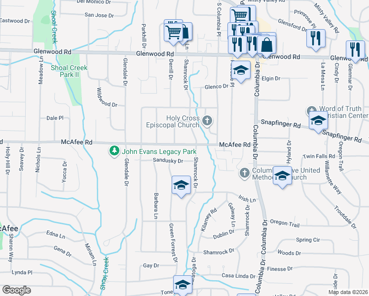 map of restaurants, bars, coffee shops, grocery stores, and more near 3222 McAfee Road in Decatur