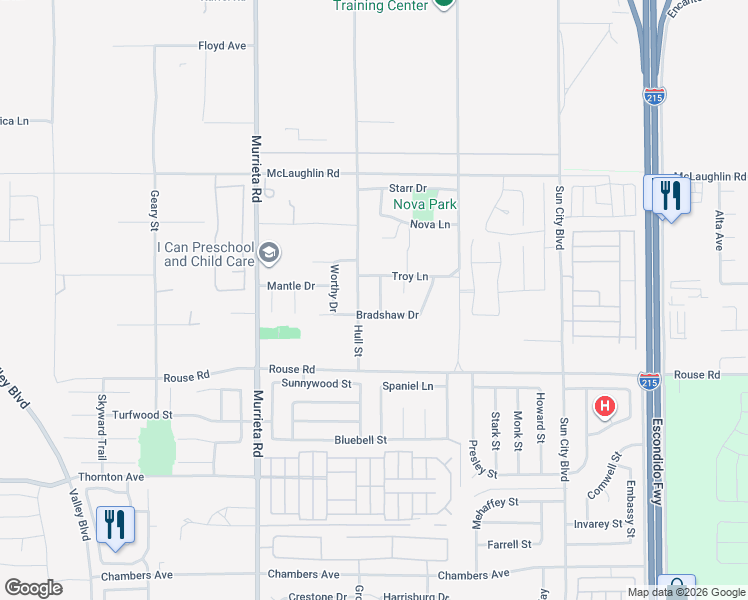 map of restaurants, bars, coffee shops, grocery stores, and more near 26807 Wilkes Drive in Menifee