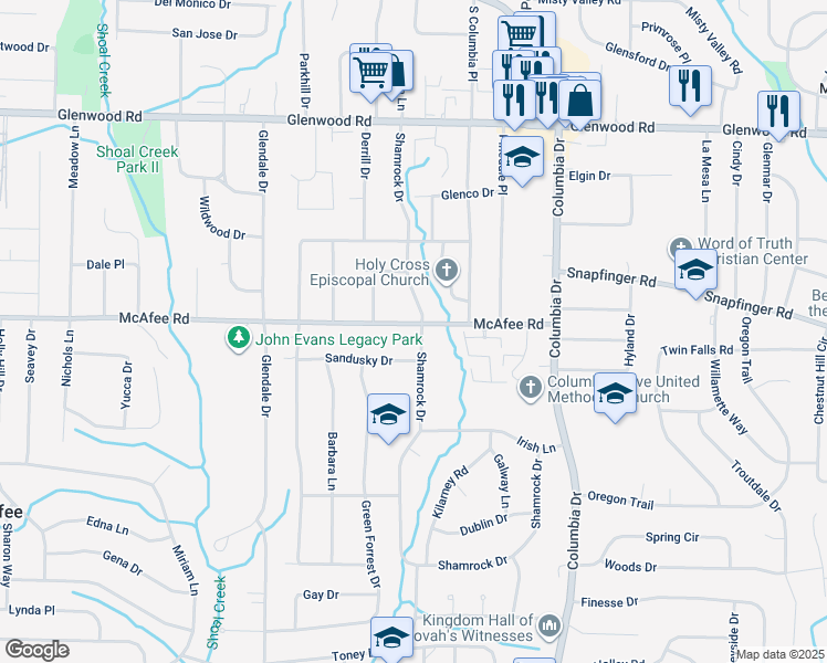 map of restaurants, bars, coffee shops, grocery stores, and more near 3235 McAfee Road in Decatur