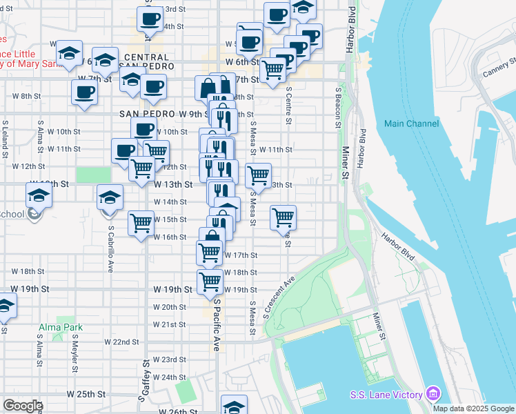 map of restaurants, bars, coffee shops, grocery stores, and more near 1316 South Mesa Street in Los Angeles