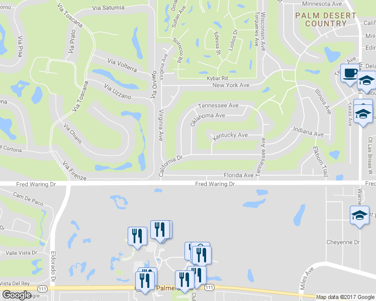 map of restaurants, bars, coffee shops, grocery stores, and more near 76690 Oklahoma Avenue in Palm Desert