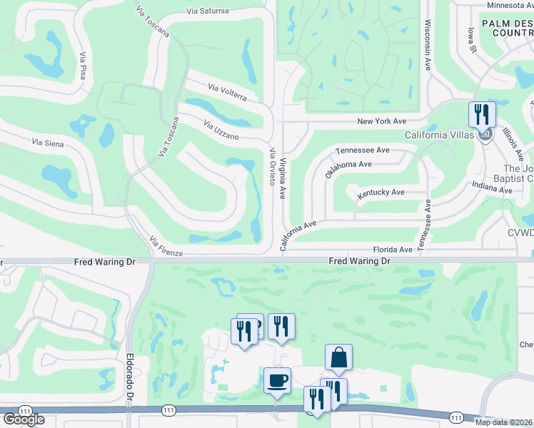map of restaurants, bars, coffee shops, grocery stores, and more near 43677 Via Orvieto in Indian Wells