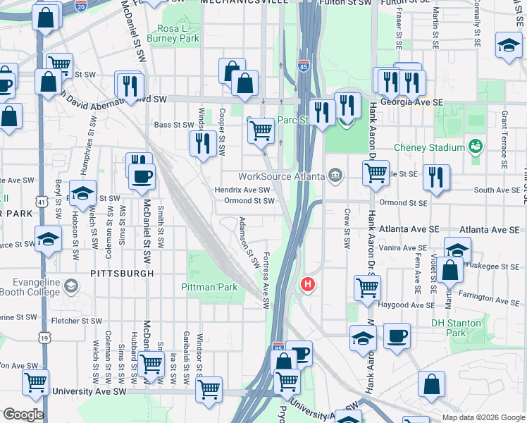 map of restaurants, bars, coffee shops, grocery stores, and more near 197 Doane Street Southwest in Atlanta