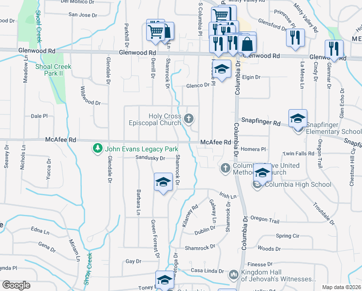 map of restaurants, bars, coffee shops, grocery stores, and more near 3247 McAfee Road in Decatur
