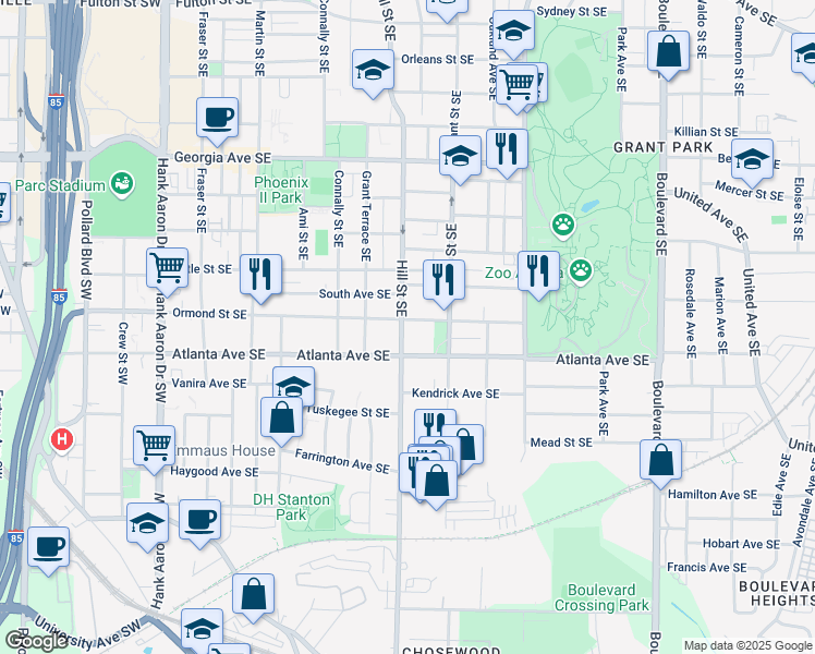map of restaurants, bars, coffee shops, grocery stores, and more near 293 Ormond Street Southeast in Atlanta