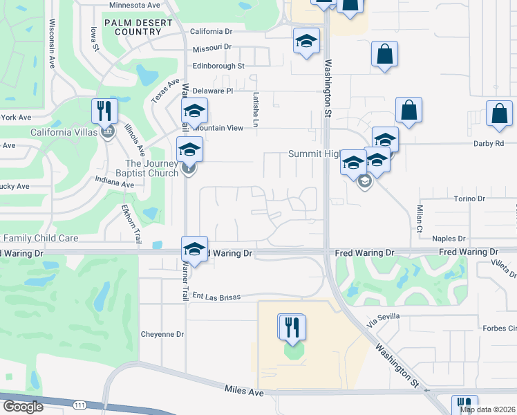 map of restaurants, bars, coffee shops, grocery stores, and more near 77743 Cape Verde Drive in Palm Desert