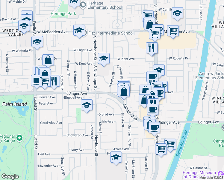 map of restaurants, bars, coffee shops, grocery stores, and more near 4322 West Regent Drive in Santa Ana