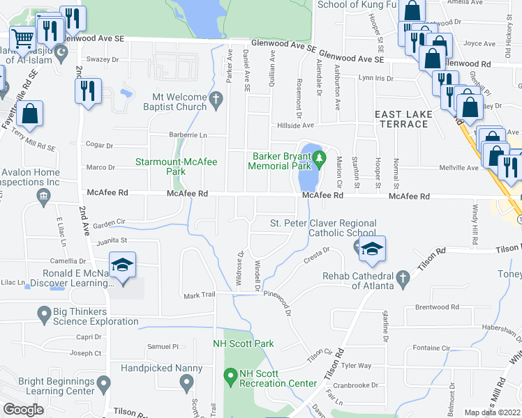 map of restaurants, bars, coffee shops, grocery stores, and more near 2032 Rebecca Lane in Decatur