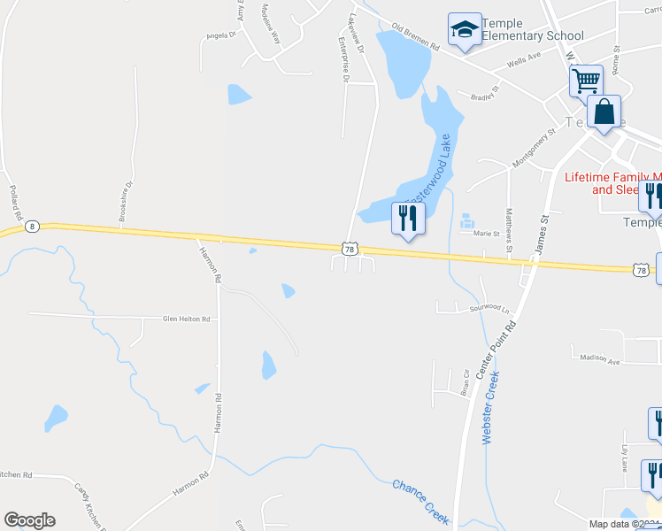 map of restaurants, bars, coffee shops, grocery stores, and more near 412 Bedrock Place in Temple