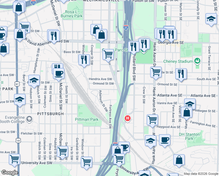 map of restaurants, bars, coffee shops, grocery stores, and more near 197 Doane Street Southwest in Atlanta