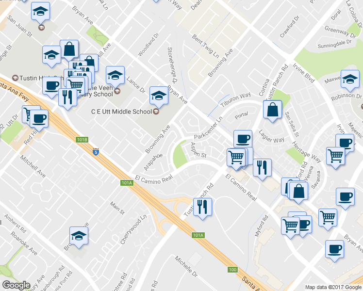 map of restaurants, bars, coffee shops, grocery stores, and more near 13635 Almond Street in Tustin