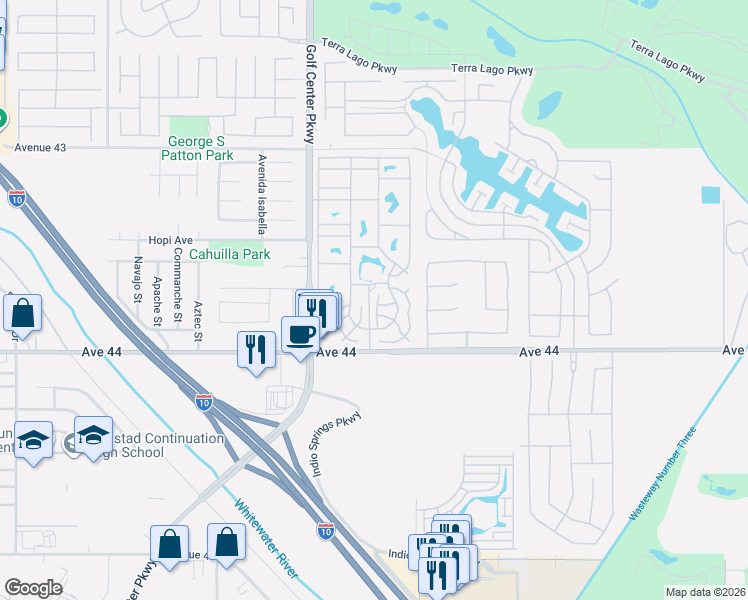map of restaurants, bars, coffee shops, grocery stores, and more near 84136 Avenue 44 in Indio