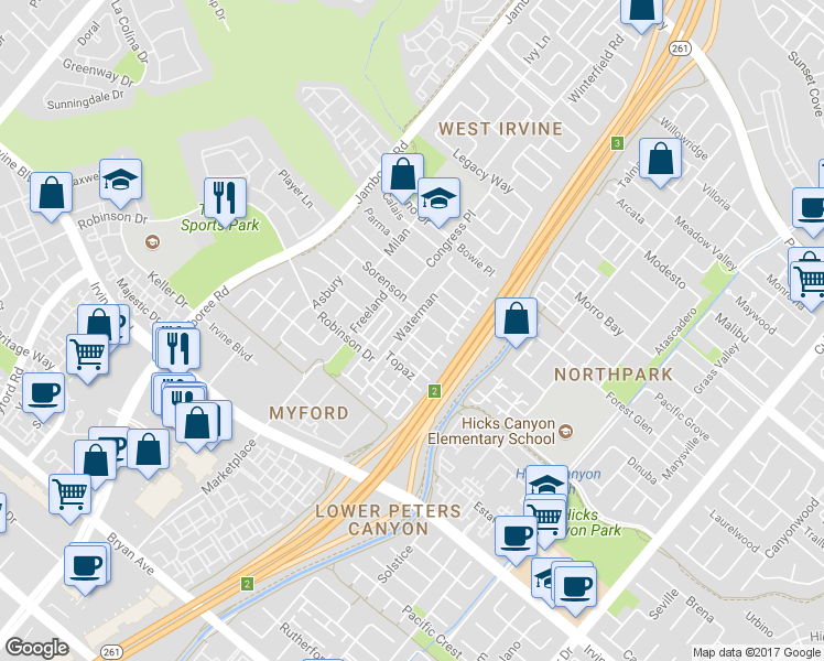 map of restaurants, bars, coffee shops, grocery stores, and more near 9 Moonstone in Irvine