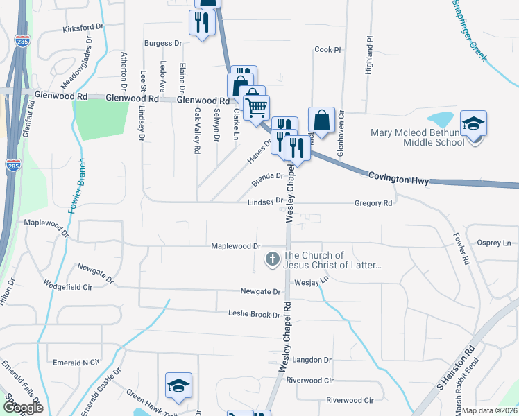 map of restaurants, bars, coffee shops, grocery stores, and more near 4247 Lindsey Drive in Decatur