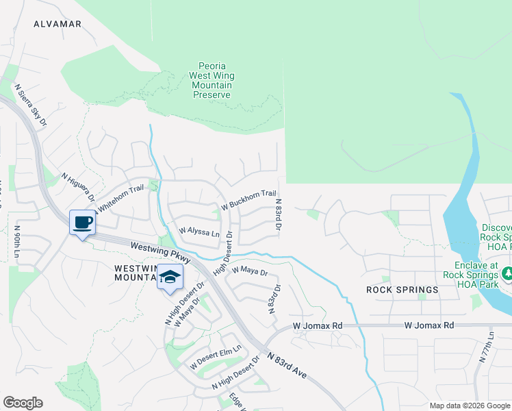map of restaurants, bars, coffee shops, grocery stores, and more near 8356 West Buckhorn Trail in Peoria
