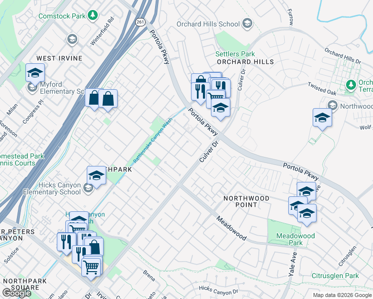 map of restaurants, bars, coffee shops, grocery stores, and more near 7 Pasadena in Irvine