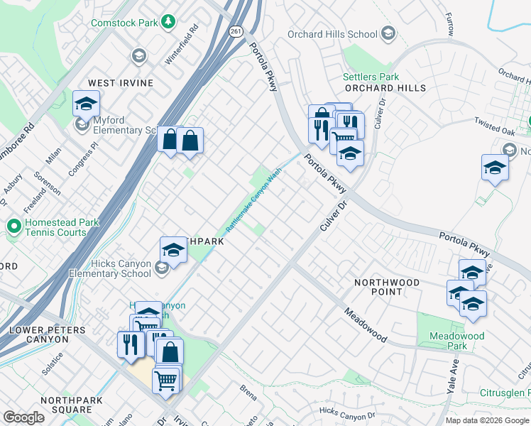map of restaurants, bars, coffee shops, grocery stores, and more near 50 Maywood in Irvine