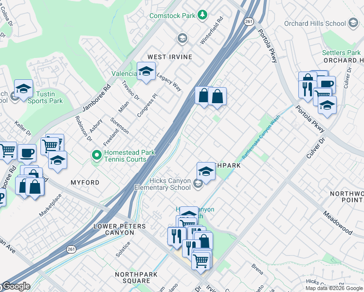 map of restaurants, bars, coffee shops, grocery stores, and more near 16 Mineral King in Irvine