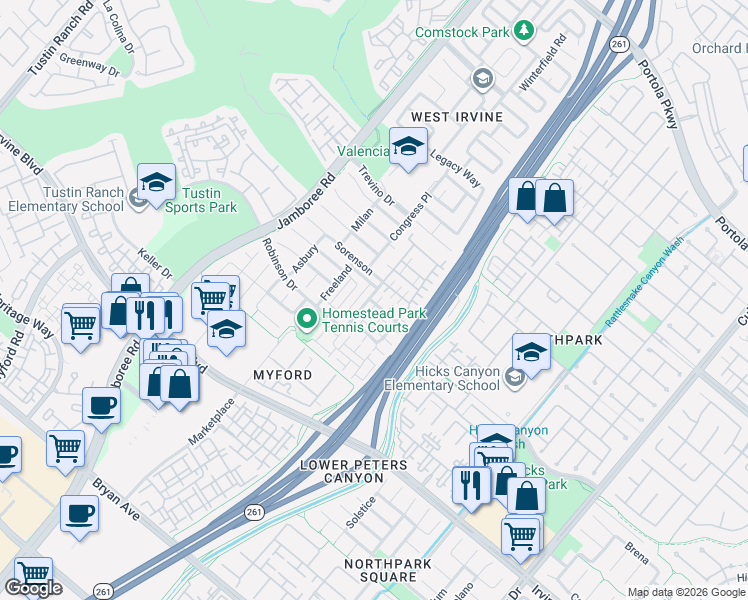 map of restaurants, bars, coffee shops, grocery stores, and more near 59 Sorenson in Irvine