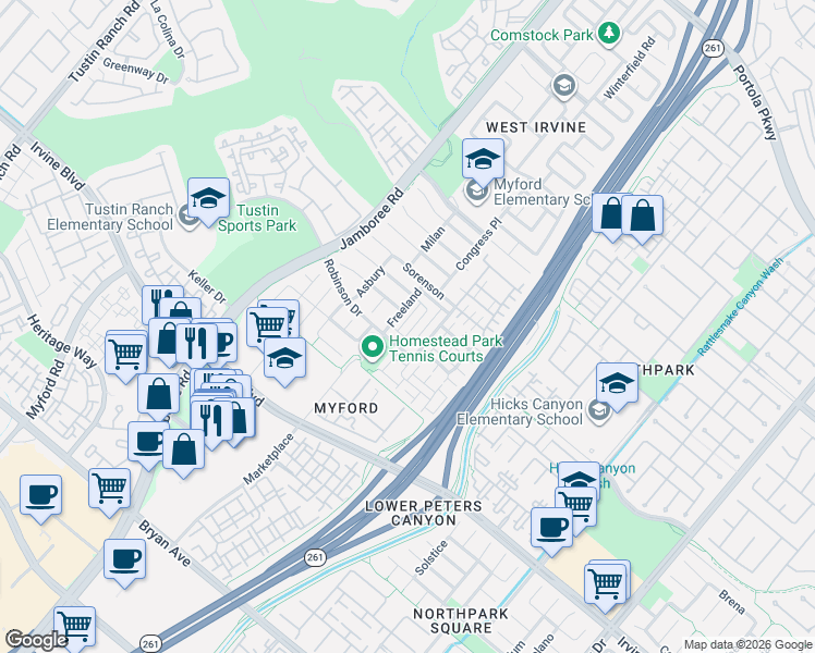 map of restaurants, bars, coffee shops, grocery stores, and more near 67 Autumn in Irvine