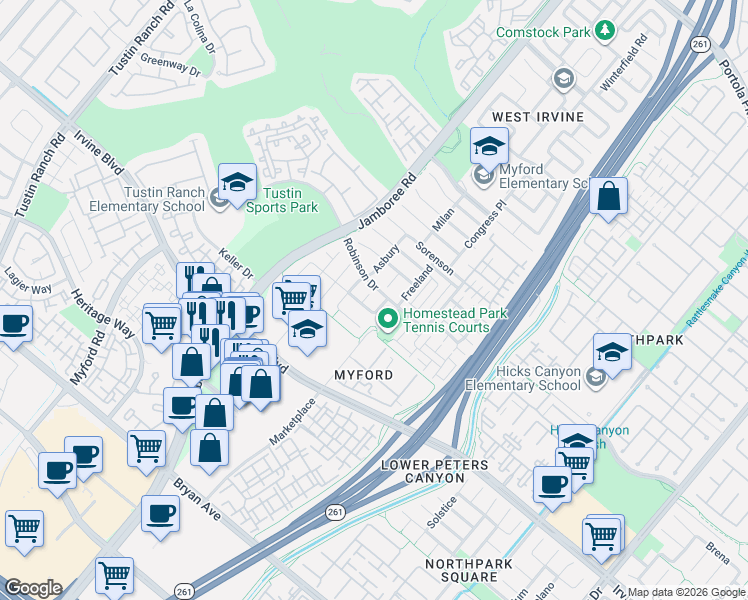 map of restaurants, bars, coffee shops, grocery stores, and more near 40 Asbury in Irvine