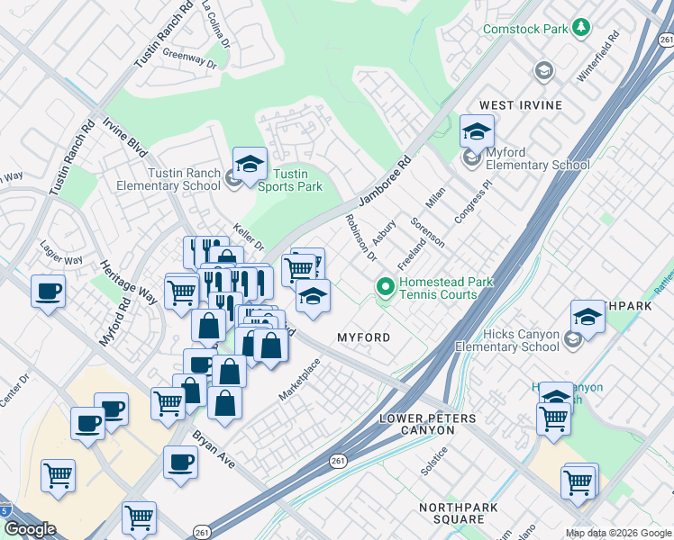 map of restaurants, bars, coffee shops, grocery stores, and more near 33 Meadow Glen in Irvine