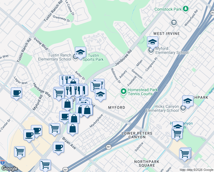 map of restaurants, bars, coffee shops, grocery stores, and more near 33 Meadow Glen in Irvine