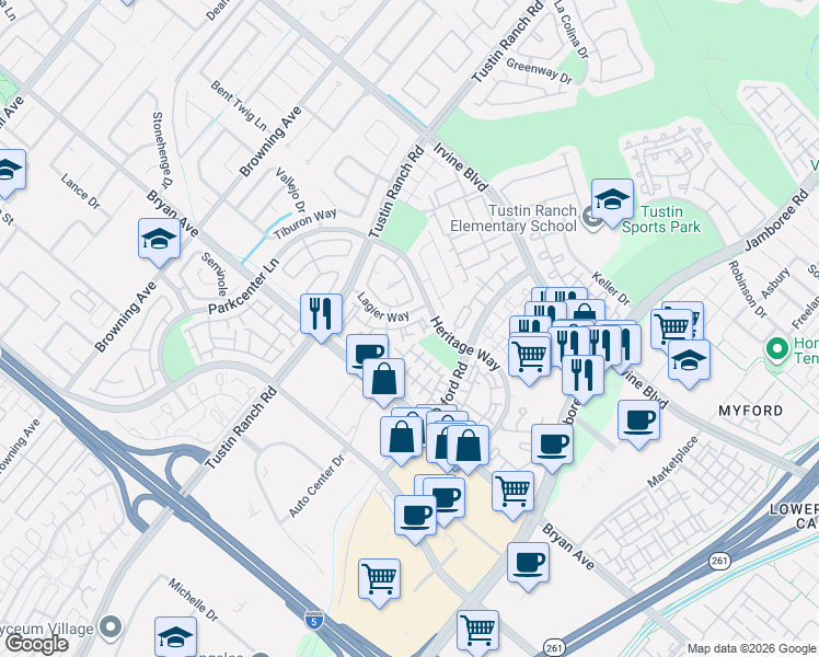 map of restaurants, bars, coffee shops, grocery stores, and more near 2487 Paseo Circulo in Tustin