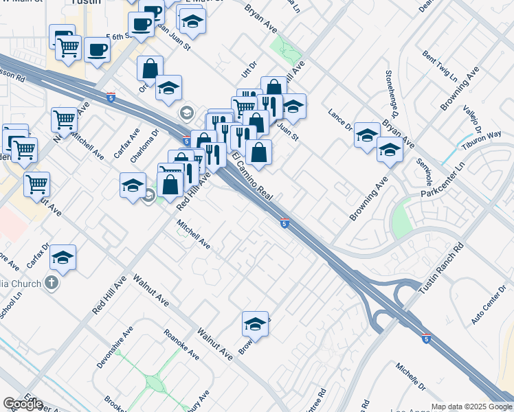 map of restaurants, bars, coffee shops, grocery stores, and more near 401 El Camino Real in Tustin