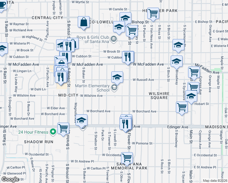 map of restaurants, bars, coffee shops, grocery stores, and more near 1217 South Towner Street in Santa Ana