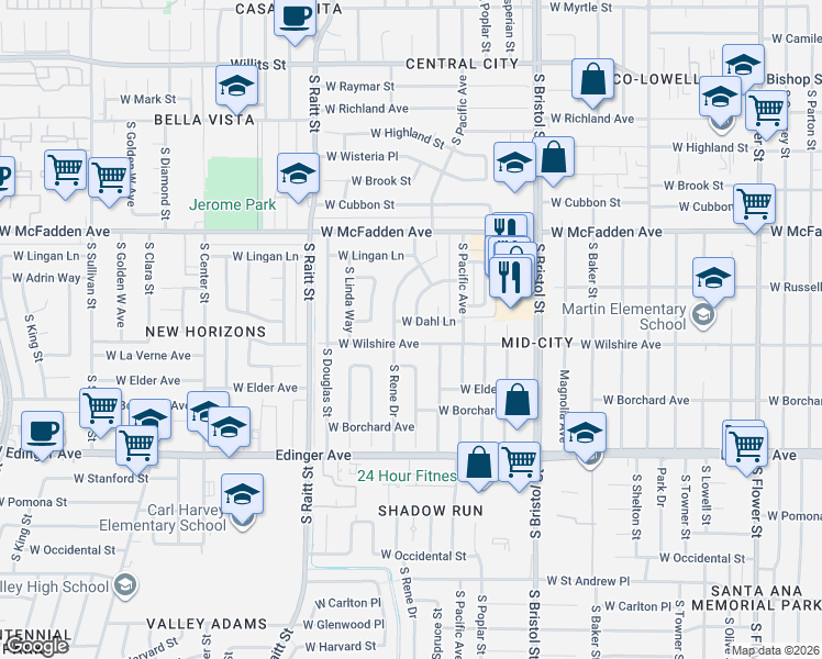 map of restaurants, bars, coffee shops, grocery stores, and more near 1207 South Rita Way in Santa Ana