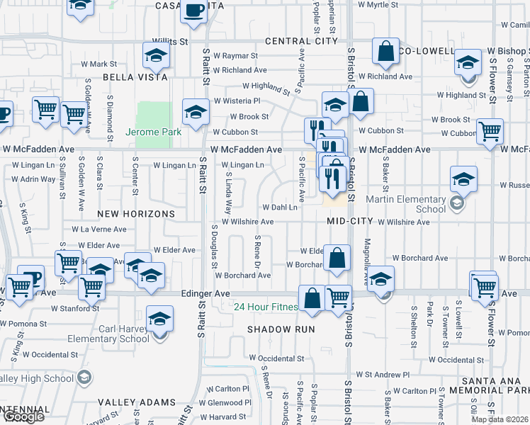 map of restaurants, bars, coffee shops, grocery stores, and more near 1210 South Rene Drive in Santa Ana