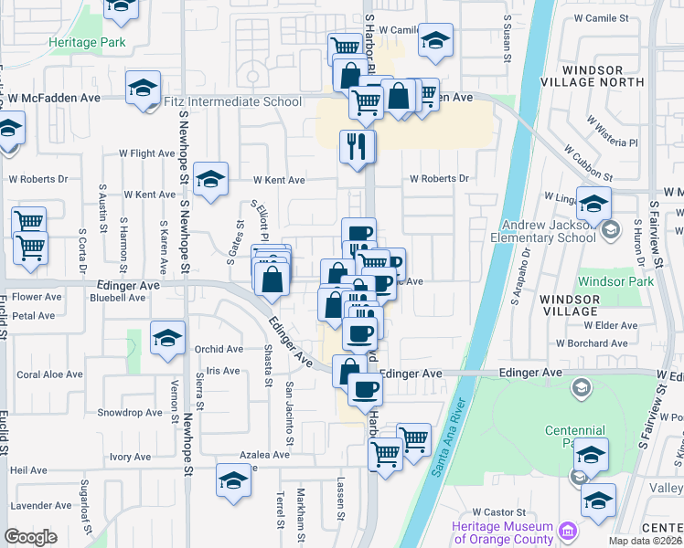 map of restaurants, bars, coffee shops, grocery stores, and more near 11927 Verbena Court in Fountain Valley