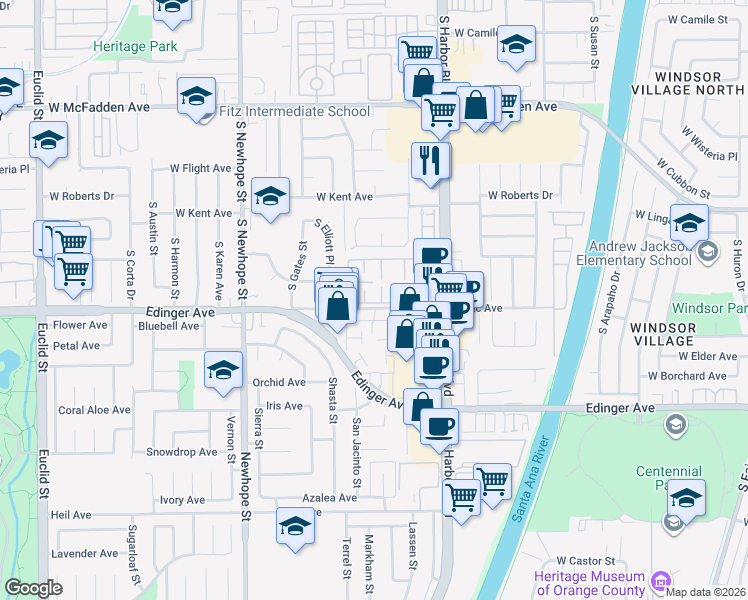 map of restaurants, bars, coffee shops, grocery stores, and more near 15920 Logan Court in Fountain Valley