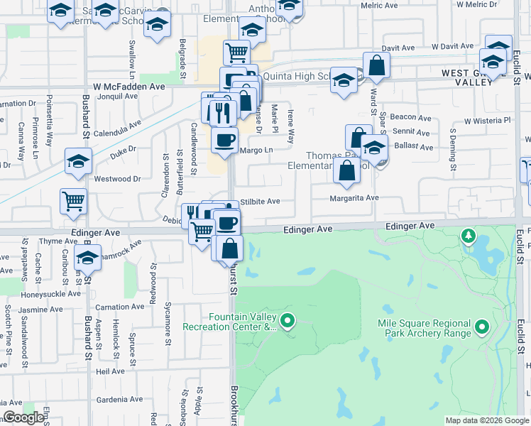 map of restaurants, bars, coffee shops, grocery stores, and more near 10115 Stilbite Avenue in Fountain Valley