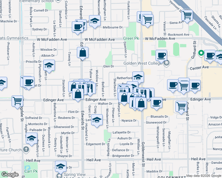 map of restaurants, bars, coffee shops, grocery stores, and more near 15851 Sherbeck Lane in Huntington Beach