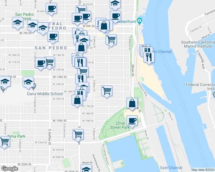 map of restaurants, bars, coffee shops, grocery stores, and more near 1325 South Centre Street in Los Angeles