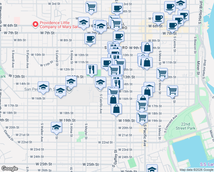 map of restaurants, bars, coffee shops, grocery stores, and more near 721 West 13th Street in Los Angeles
