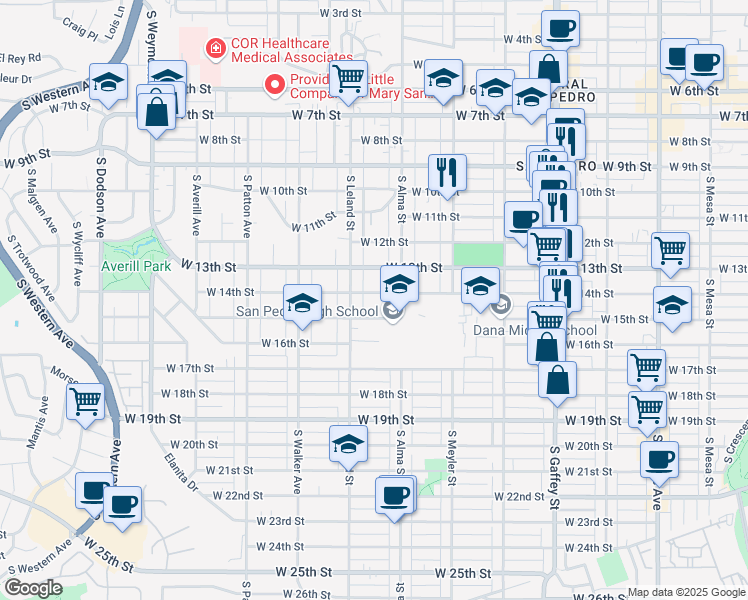 map of restaurants, bars, coffee shops, grocery stores, and more near 1073 West 13th Street in Los Angeles
