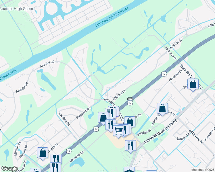 map of restaurants, bars, coffee shops, grocery stores, and more near 3851 Myrtle Pointe Drive in Myrtle Beach