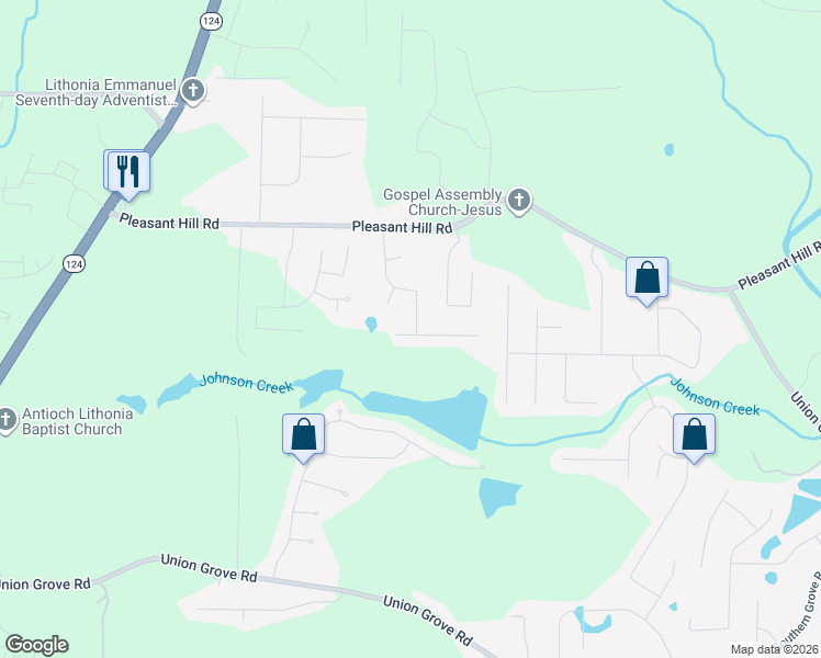 map of restaurants, bars, coffee shops, grocery stores, and more near 7614 Pond View Lane in Lithonia