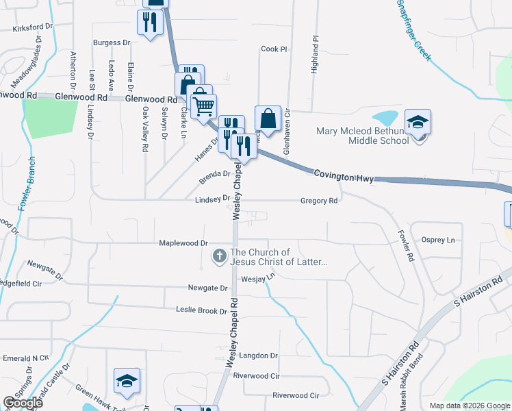 map of restaurants, bars, coffee shops, grocery stores, and more near 4310 Gregory Road in Decatur