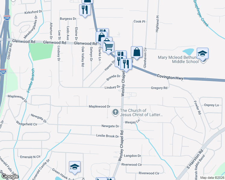 map of restaurants, bars, coffee shops, grocery stores, and more near 4119 Brenda Drive in Decatur