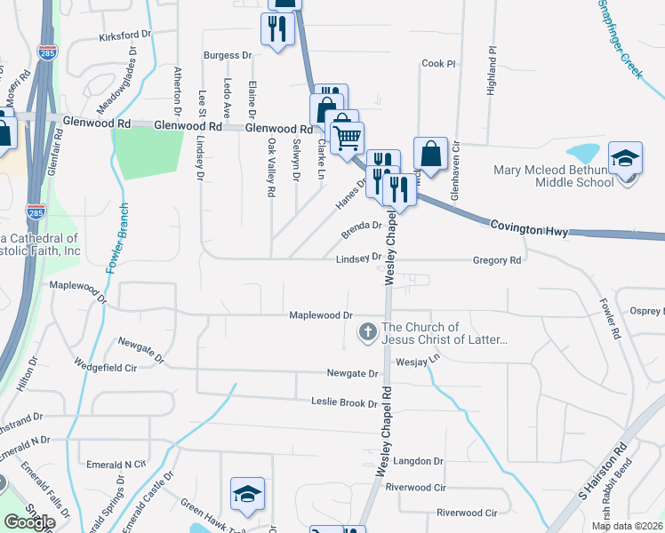 map of restaurants, bars, coffee shops, grocery stores, and more near 4119 Brenda Drive in Decatur