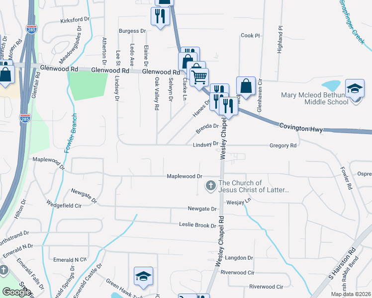 map of restaurants, bars, coffee shops, grocery stores, and more near 4200 Lindsey Drive in Decatur